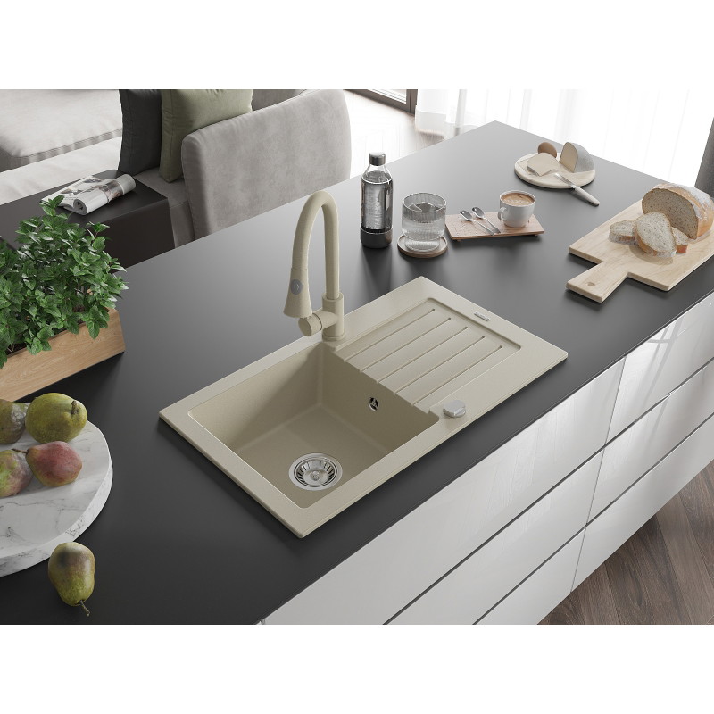 Mexen Pablo 1-bowl granite sink with drainer and kitchen faucet Elia, beige - 6510-69-670101-69