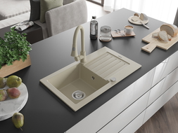 Mexen Pablo 1-compartment granite sink with a drip tray and kitchen mixer tap Elia, Beige - 6510-69-670101-69