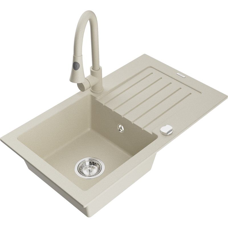Mexen Pablo 1-Bowl Granite Kitchen Sink with Drainer and Elia Kitchen Faucet, Beige - 6510-69-670101-69