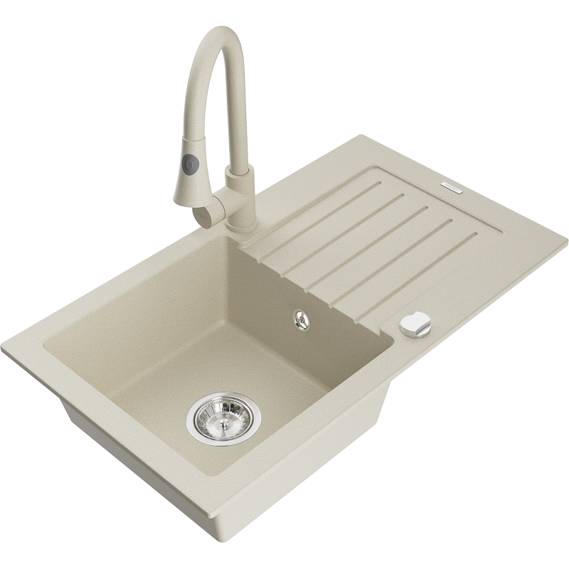 Mexen Pablo 1-compartment granite sink with a drip tray and kitchen mixer tap Elia, Beige - 6510-69-670101-69