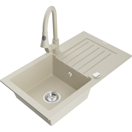 Mexen Pablo 1-bowl granite sink with drainer and Elia kitchen tap, beige - 6510-69-670101-69