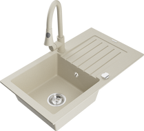Mexen Pablo 1-bowl granite sink with drainer and kitchen faucet Elia, beige - 6510-69-670101-69