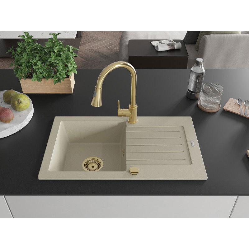 Mexen Pablo 1-bowl granite kitchen sink with drainer and Elia kitchen tap, beige - 6510-69-670101-50