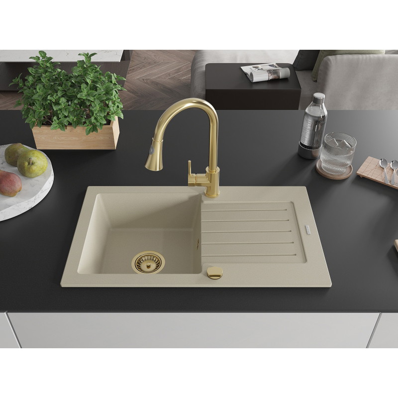 Mexen Pablo 1-bowl granite sink with drainer and Elia kitchen faucet, beige - 6510-69-670101-50