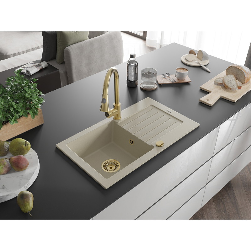 Mexen Pablo 1-bowl granite sink with drainer and Elia kitchen faucet, beige - 6510-69-670101-50