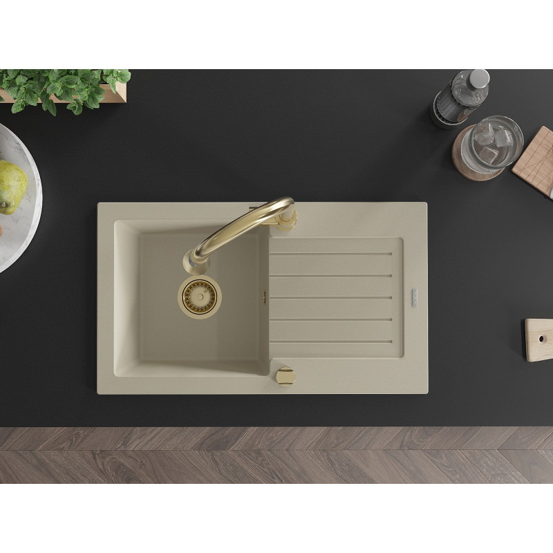 Mexen Pablo 1-bowl granite sink with drainer and Elia kitchen faucet, beige - 6510-69-670101-50