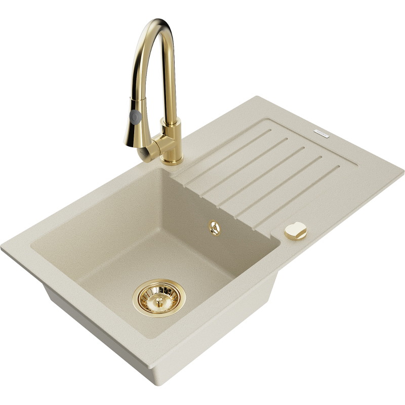 Mexen Pablo 1-bowl granite kitchen sink with drainer and Elia kitchen faucet, beige - 6510-69-670101-50