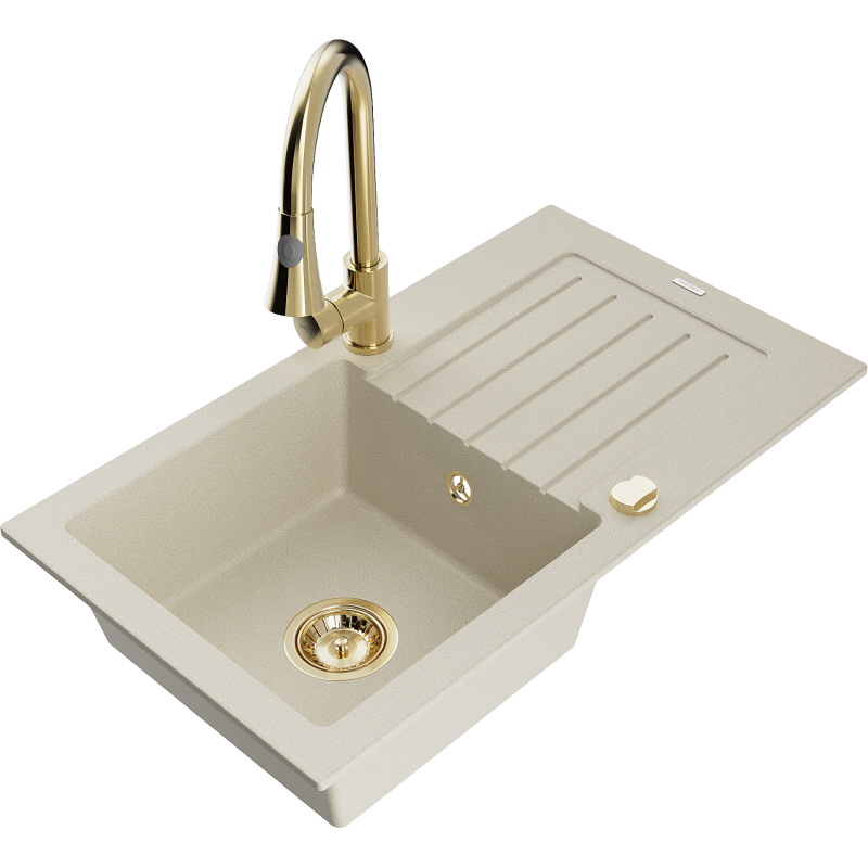 Mexen Pablo 1-bowl granite kitchen sink with drainer and Elia kitchen tap, beige - 6510-69-670101-50