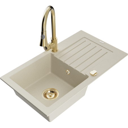 Mexen Pablo 1-bowl granite kitchen sink with drainer and Elia kitchen tap, beige - 6510-69-670101-50