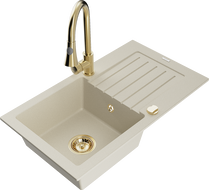 Mexen Pablo 1-compartment granite sink with a drip tray and kitchen mixer tap Elia, Beige - 6510-69-670101-50