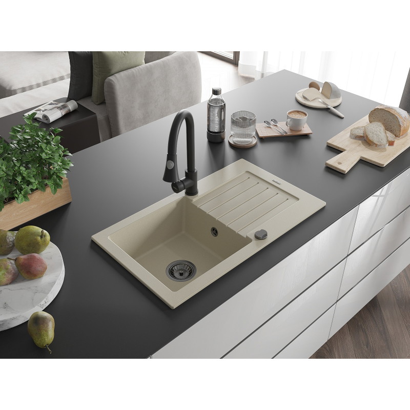 Mexen Pablo 1-bowl granite sink with drainer and kitchen faucet Elia, beige - 6510-69-670101-70