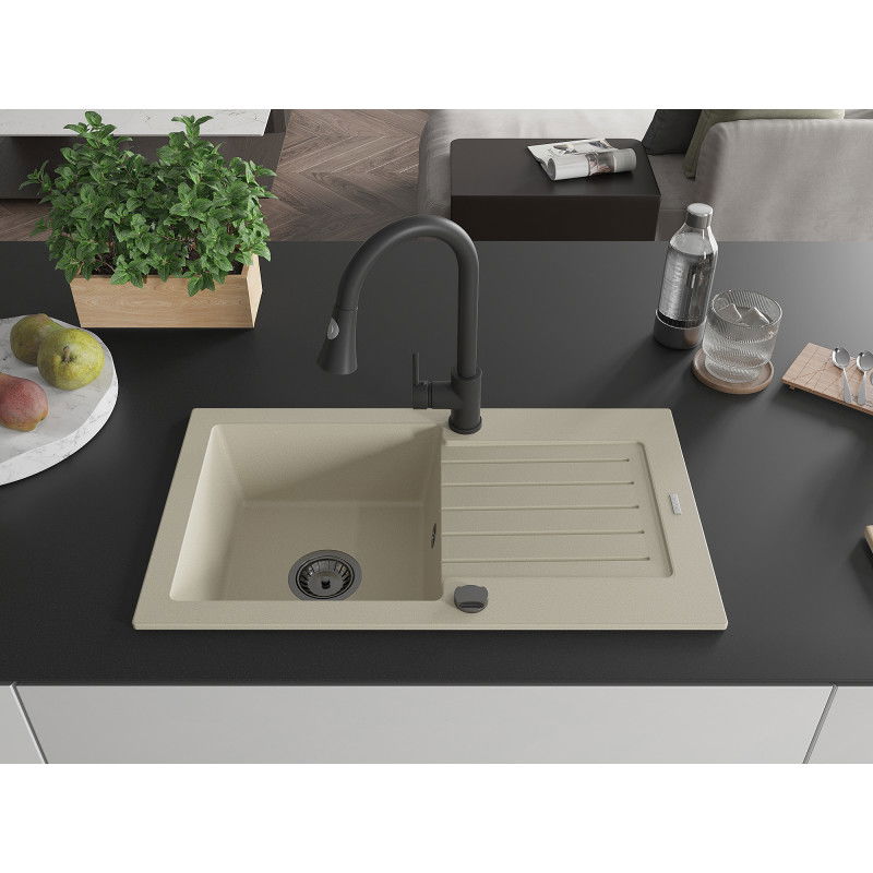 Mexen Pablo granite sink 1-bowl with drainer and Elia kitchen tap, beige - 6510-69-670101-70