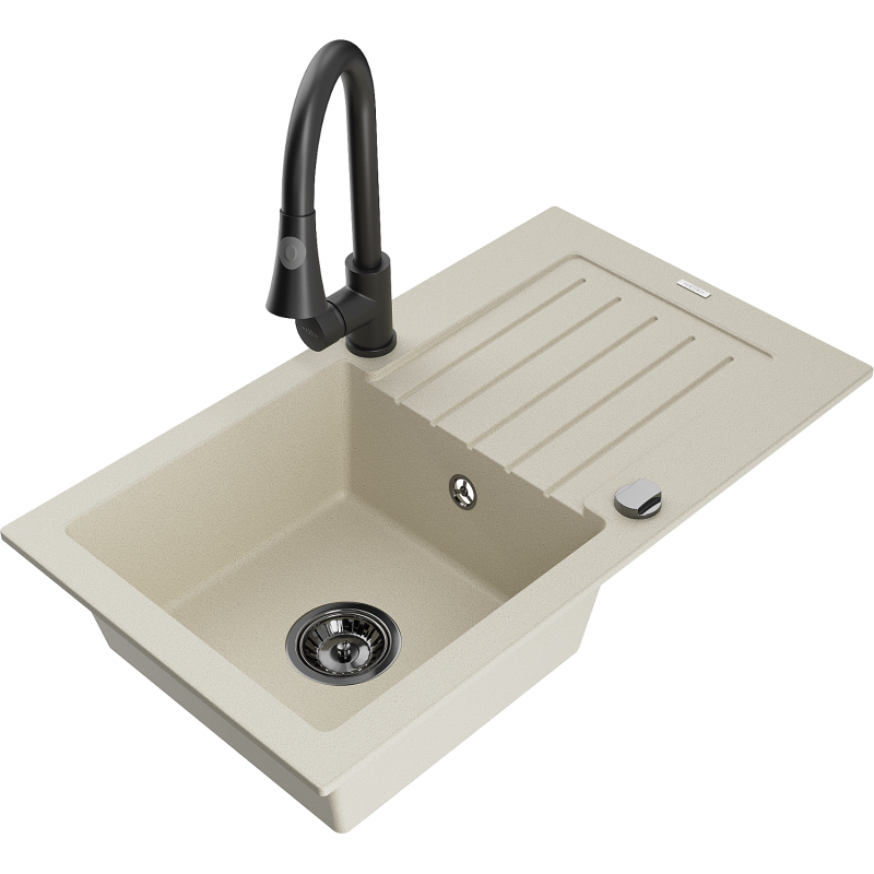 Mexen Pablo 1-compartment granite sink with a drip tray and kitchen mixer tap Elia, Beige - 6510-69-670101-70