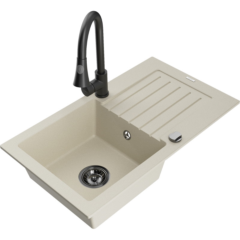 Mexen Pablo one-bowl granite kitchen sink with drainer and Elia kitchen tap, beige - 6510-69-670101-70