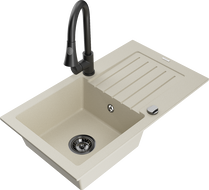 Mexen Pablo 1-compartment granite sink with a drip tray and kitchen mixer tap Elia, Beige - 6510-69-670101-70