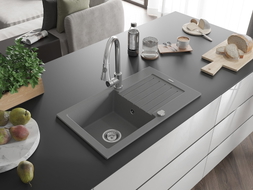 Mexen Pablo granite kitchen sink 1-bowl with drainer and Elia kitchen faucet, gray - 6510-71-670101-00