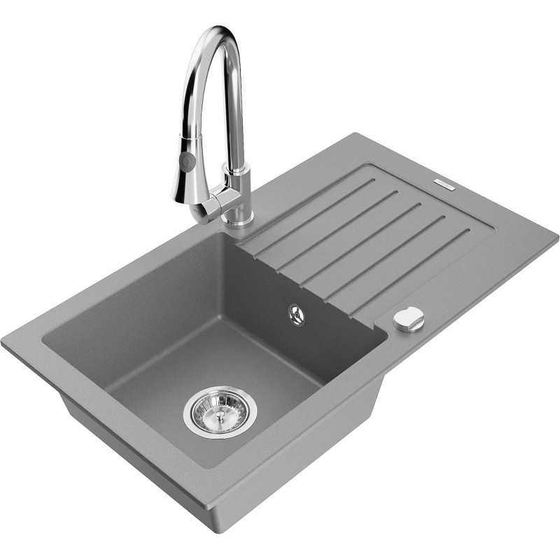 Mexen Pablo granite kitchen sink 1-bowl with drainer and Elia kitchen faucet, gray - 6510-71-670101-00