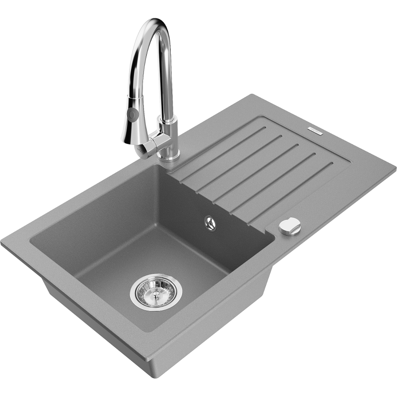 Mexen Pablo Single-Bowl Granite Sink with Drainer and Elia Kitchen Tap, Grey - 6510-71-670101-00