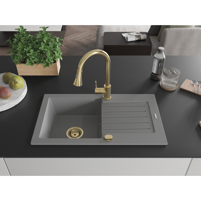 Mexen Pablo 1-bowl granite kitchen sink with drainer and Elia faucet, gray - 6510-71-670101-50