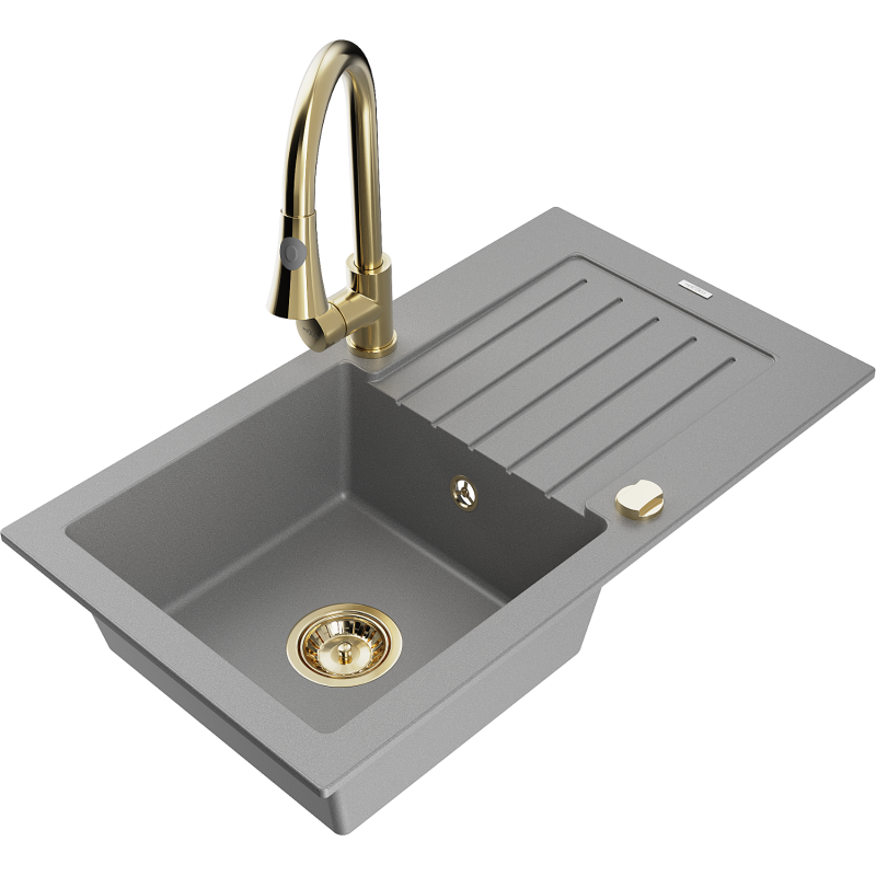 Mexen Pablo 1-bowl granite kitchen sink with drainer and Elia kitchen tap, grey - 6510-71-670101-50