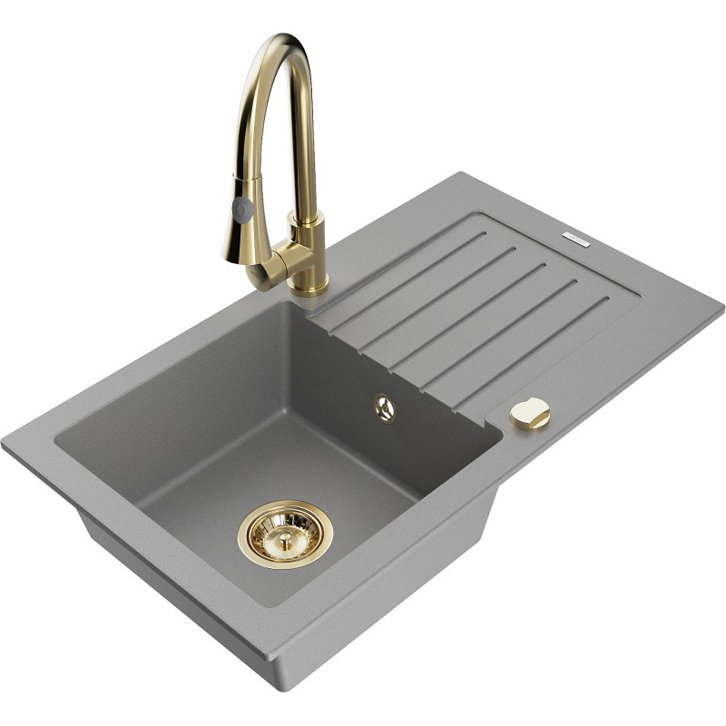 Mexen Pablo 1-bowl granite sink with drainer and kitchen faucet Elia, gray - 6510-71-670101-50