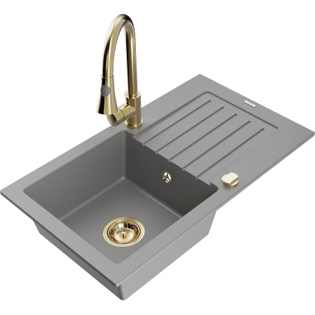 Mexen Pablo 1-bowl granite kitchen sink with drainer and Elia kitchen tap, grey - 6510-71-670101-50