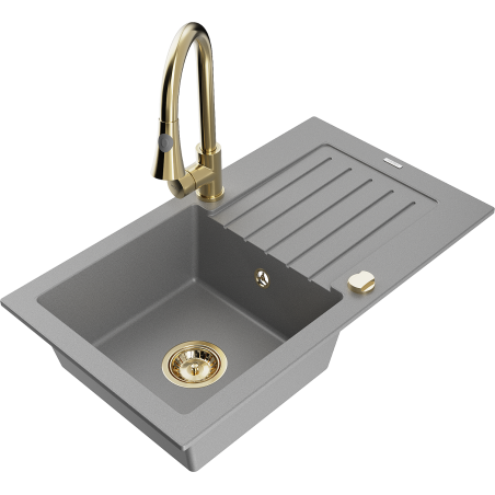 Mexen Pablo 1-compartment granite sink with a drip tray and kitchen mixer tap Elia, Grey - 6510-71-670101-50