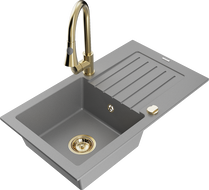 Mexen Pablo 1-bowl granite kitchen sink with drainer and Elia faucet, gray - 6510-71-670101-50