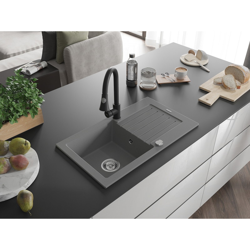 Mexen Pablo single-bowl granite sink with drainer and Elia kitchen faucet, gray - 6510-71-670101-70