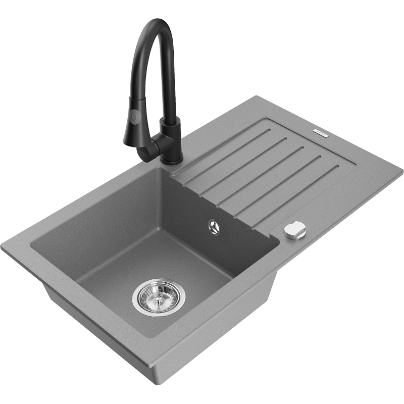Mexen Pablo 1-compartment granite sink with a drip tray and kitchen mixer tap Elia, Grey - 6510-71-670101-70