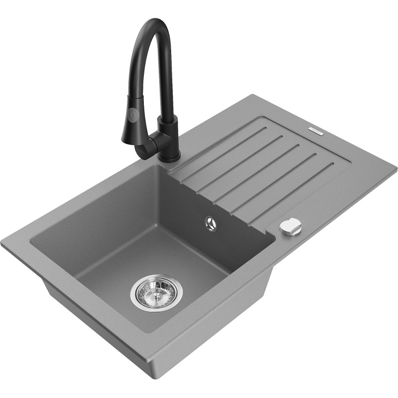 Mexen Pablo single-bowl granite sink with drainer and Elia kitchen faucet, gray - 6510-71-670101-70