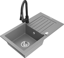 Mexen Pablo granite sink 1-bowl with drainer and Elia kitchen tap, grey - 6510-71-670101-70