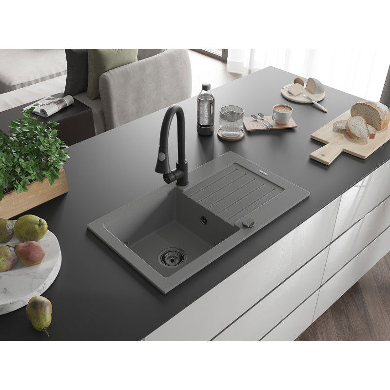 Mexen Pablo 1-bowl granite sink with drainer and Elia kitchen tap, grey - 6510-71-670101-70-B