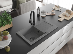Mexen Pablo 1-compartment granite sink with a drip tray and kitchen mixer tap Elia, Grey - 6510-71-670101-70-B