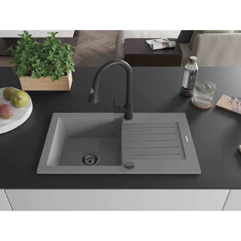 Mexen Pablo single-bowl granite sink with drainer and kitchen faucet Elia, gray - 6510-71-670101-70-B