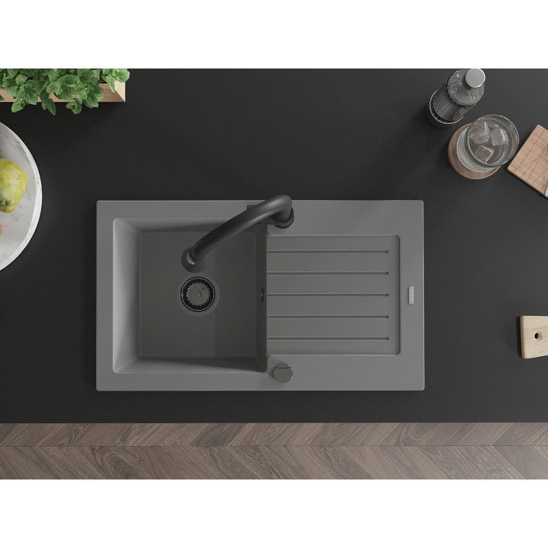 Mexen Pablo 1-bowl granite sink with drainer and Elia kitchen tap, grey - 6510-71-670101-70-B