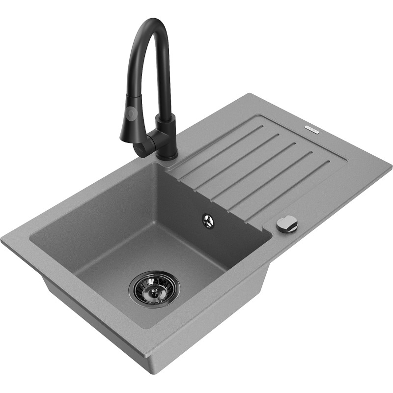 Mexen Pablo 1-bowl granite sink with drainer and Elia kitchen faucet, gray - 6510-71-670101-70-B