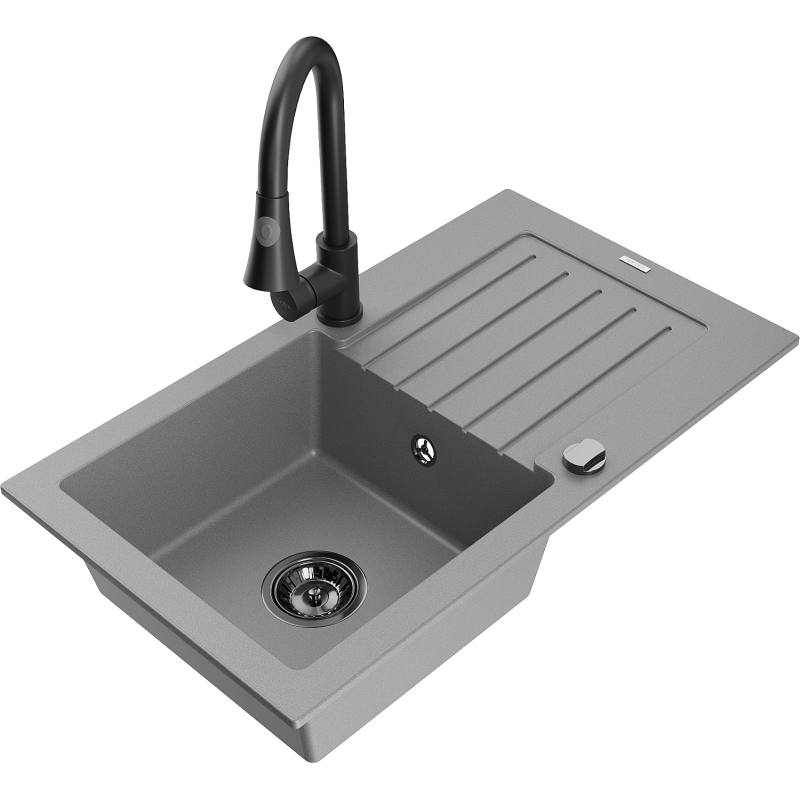 Mexen Pablo 1-compartment granite sink with a drip tray and kitchen mixer tap Elia, Grey - 6510-71-670101-70-B