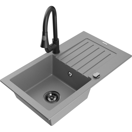 Mexen Pablo 1-bowl granite sink with drainer and Elia kitchen tap, grey - 6510-71-670101-70-B