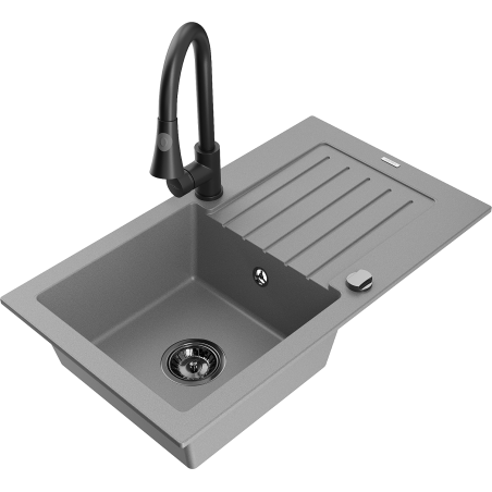 Mexen Pablo single-bowl granite sink with drainer and kitchen faucet Elia, gray - 6510-71-670101-70-B