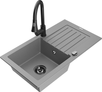 Mexen Pablo 1-bowl granite sink with drainer and Elia kitchen faucet, gray - 6510-71-670101-70-B