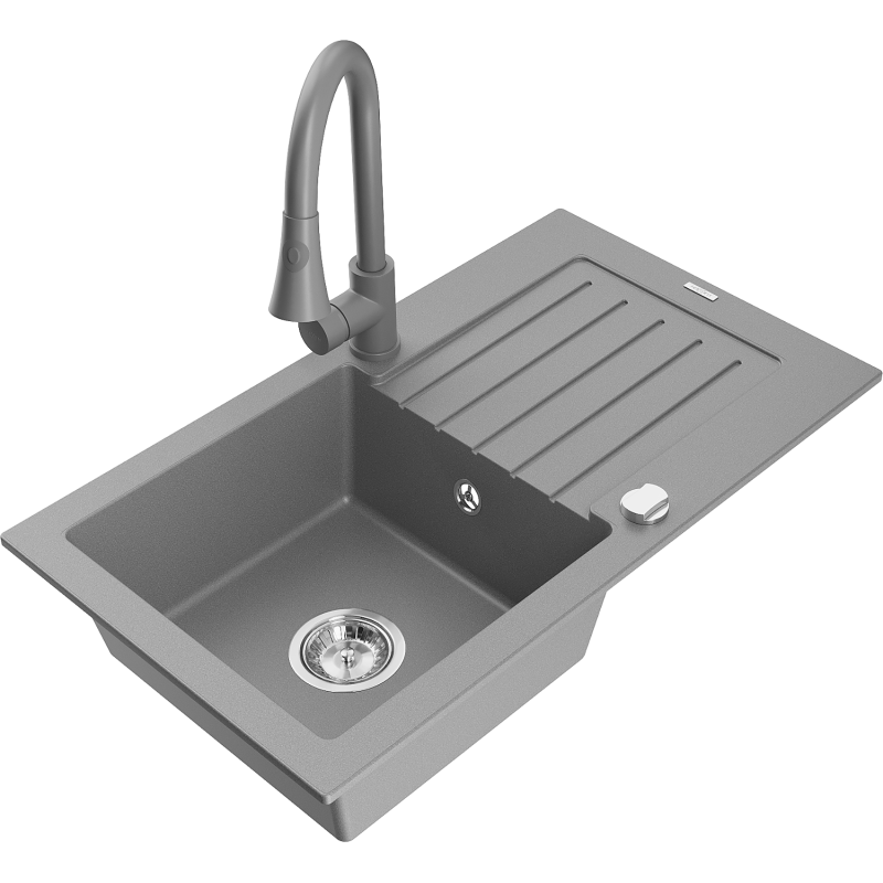 Mexen Pablo 1-compartment granite sink with a drip tray and kitchen mixer tap Elia, Grey - 6510-71-670101-71