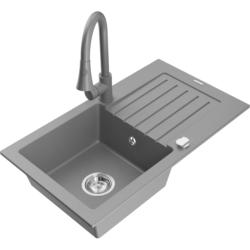 Mexen Pablo granite sink 1-bowl with drainer and Elia kitchen tap, grey - 6510-71-670101-71