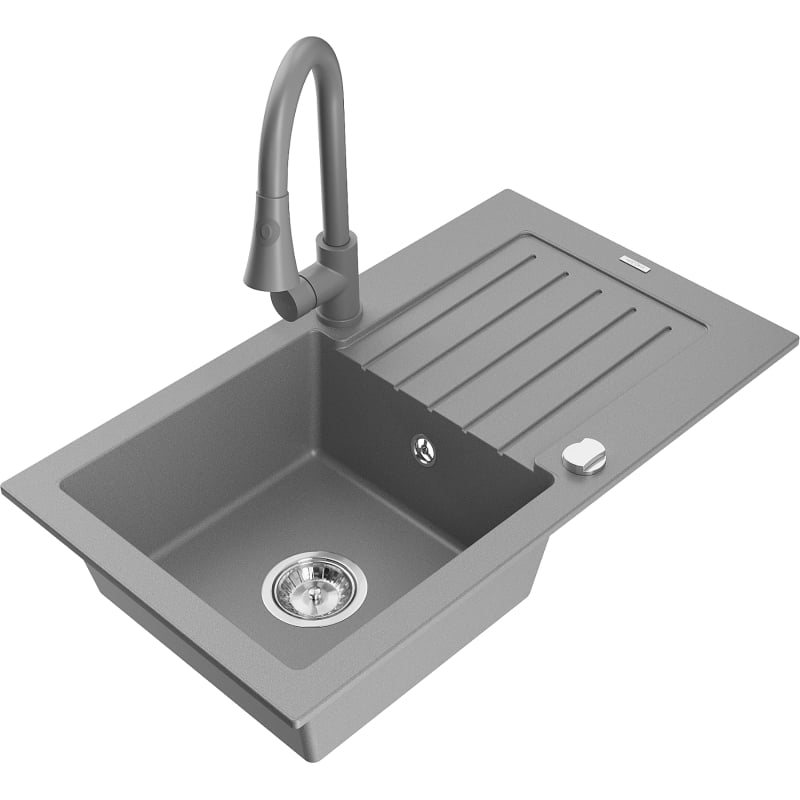 Mexen Pablo granite sink single-bowl with drainer and Elia kitchen faucet, gray - 6510-71-670101-71