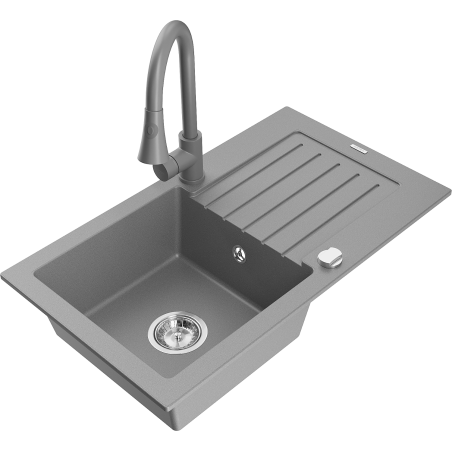 Mexen Pablo granite sink 1-bowl with drainer and Elia kitchen tap, grey - 6510-71-670101-71
