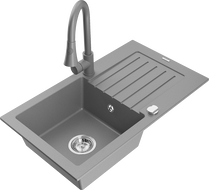 Mexen Pablo granite sink single-bowl with drainer and Elia kitchen faucet, gray - 6510-71-670101-71