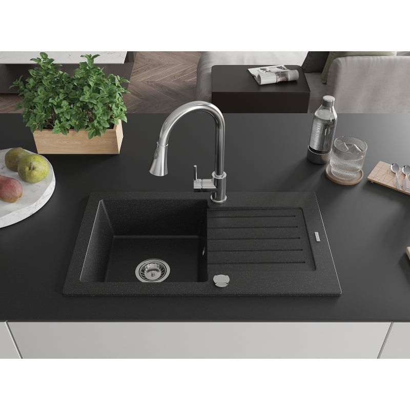 Mexen Pablo granite 1-bowl kitchen sink with drainer and Elia kitchen faucet, black/silver metallic - 6510-73-670101-00