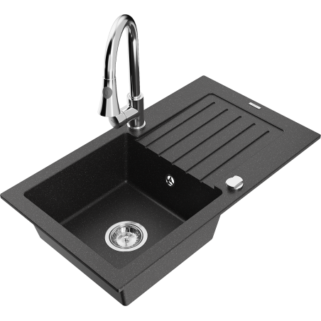Mexen Pablo granite 1-bowl kitchen sink with drainer and Elia kitchen faucet, black/silver metallic - 6510-73-670101-00