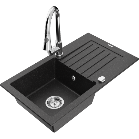 Mexen Pablo granite kitchen sink 1-bowl with drainer and Elia kitchen faucet, black/silver metallic - 6510-73-670101-00