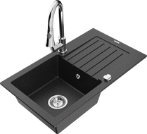 Mexen Pablo granite 1-bowl kitchen sink with drainer and Elia kitchen faucet, black/silver metallic - 6510-73-670101-00